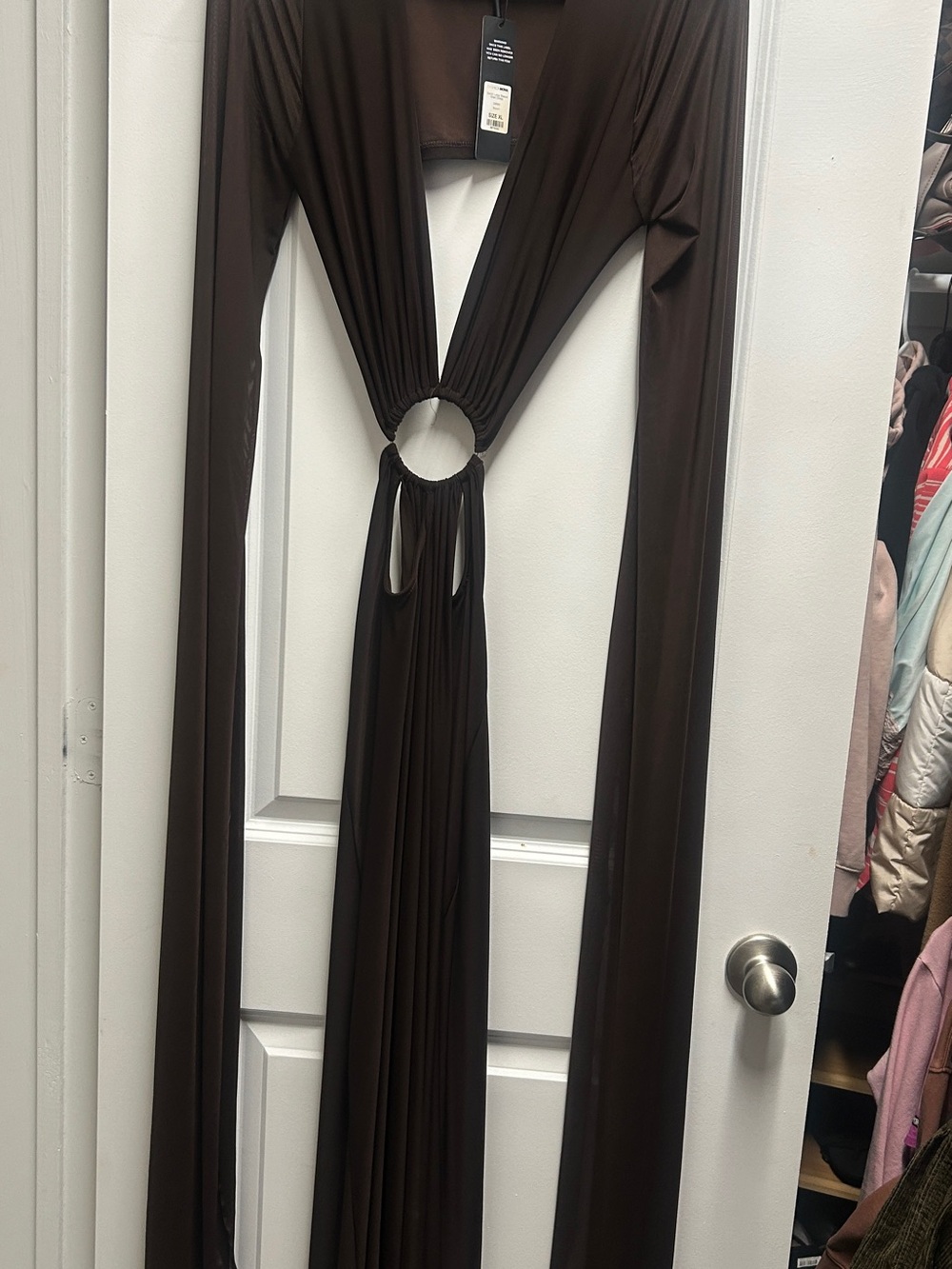 Fashion Nova Sarah Long Sleeve Maxi - Chocolate Brown Ring-Cutout Maxi Dress - Picture 3 of 9